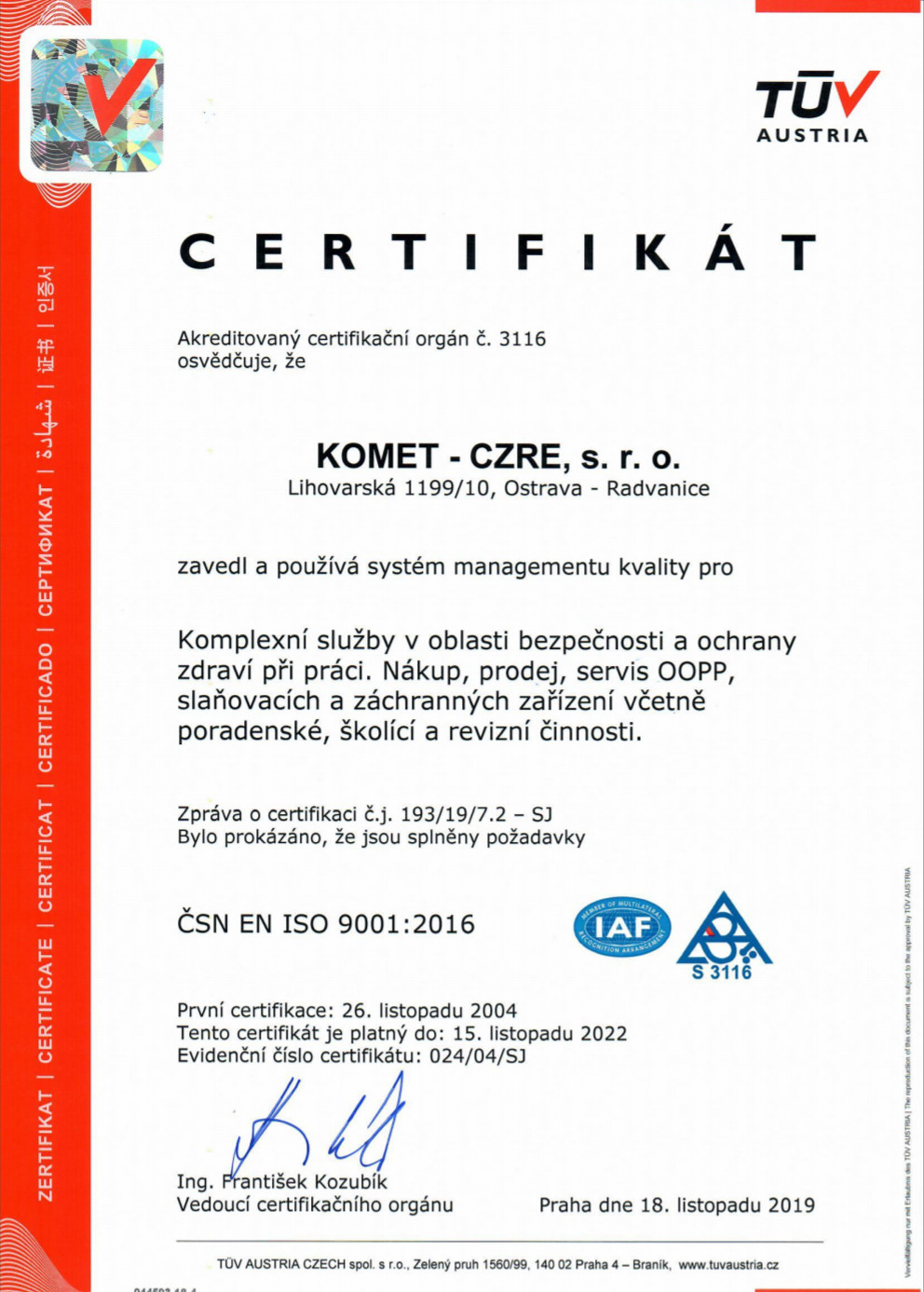 Certifikát ISO 2019